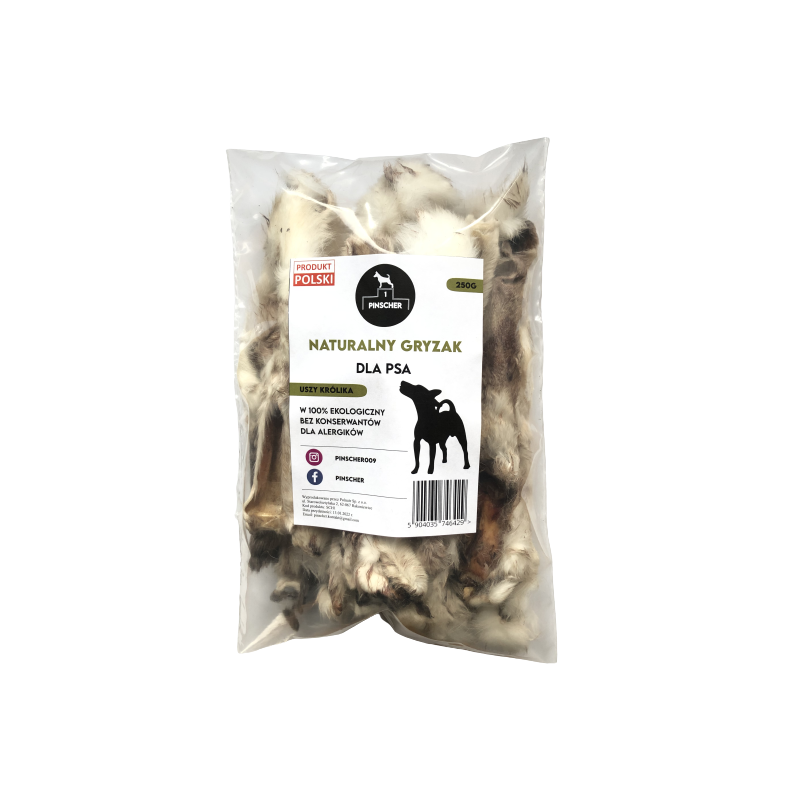 PINSCHER Naturalny gryzak dla psa - USZY KRÓLIKA 250g