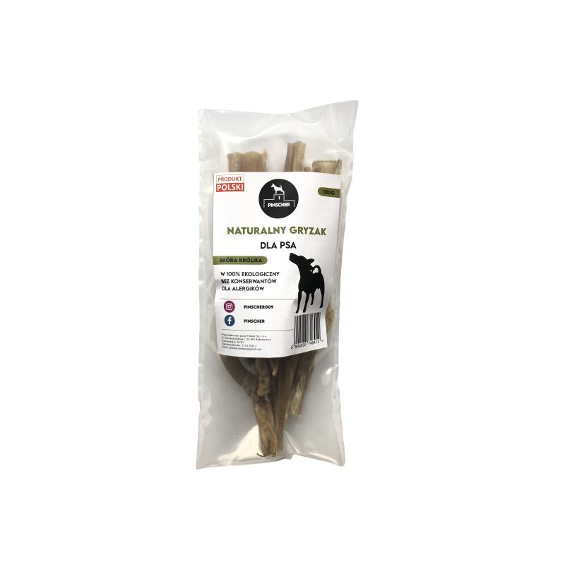 PINSCHER Naturalny gryzak dla psa - SKÓRA KRÓLIKA 100g