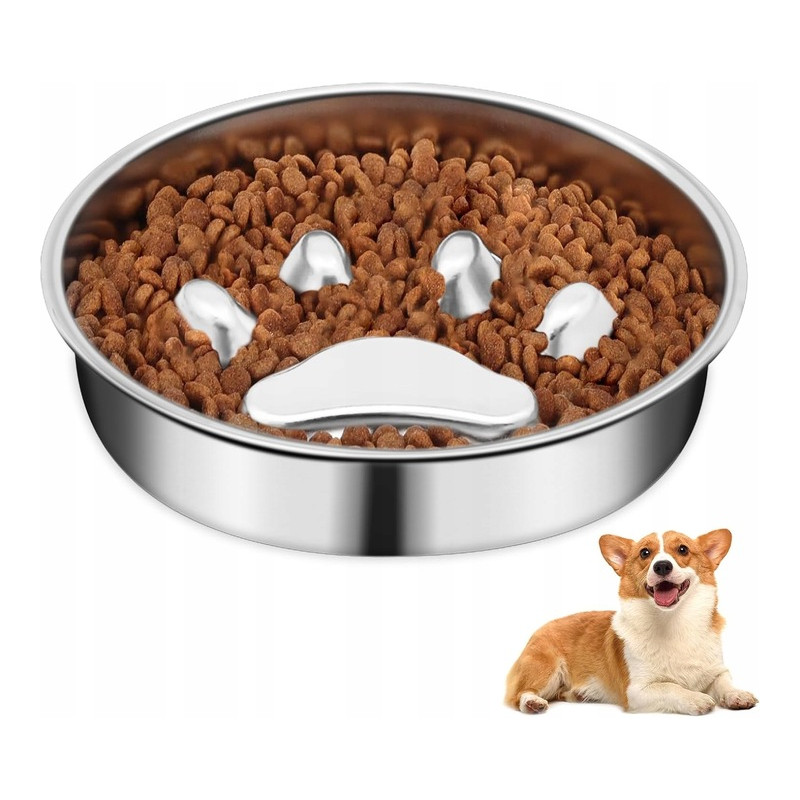 QILUCKY Miska spowalniająca jedzenie, antypoślizgowa, srebrna, 400ml