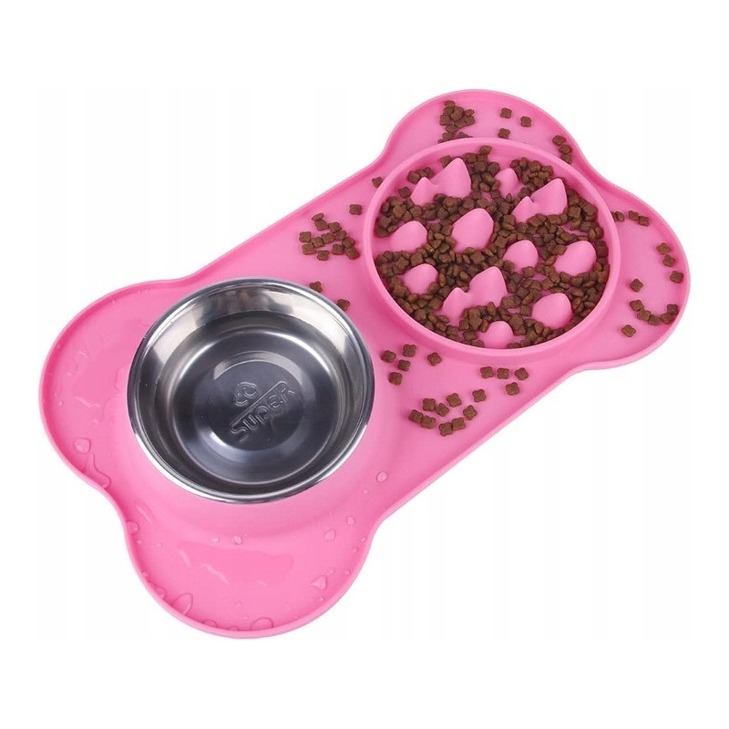 SUPERDESIGN Podwójna miska na karmę spowalniająca jedzenie, silikonowa, różowa, 350ml